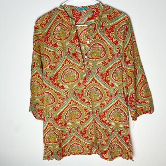 J. McLaughlin Tops - J. McLaughlin Tunic Top Sz XS Teal‎ Orange Paisley 3/4 Sleeves Mandarin C…​